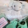 Personalised Elephant Baby Giftset, Grey, Green, Beige, Pink Or Blue, thumbnail 3 of 6