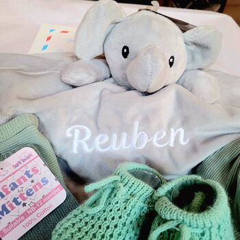 Personalised Elephant Baby Giftset, Grey, Green, Beige, Pink Or Blue, 3 of 6