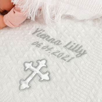 Personalised Baby Christening Silver Embroidered Shawl, 9 of 12