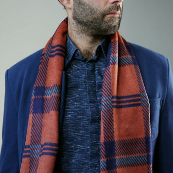 Men's Personalised Bold Orange Blue Check Scarf, 4 of 11