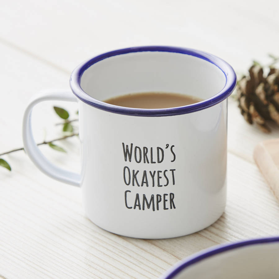 Personalised 'World's Okayest Camper' Enamel Mug