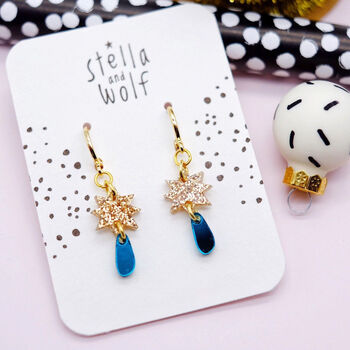 Sparkly Gold Glitter Star And Teal Drop Party Earrings, 3 of 5