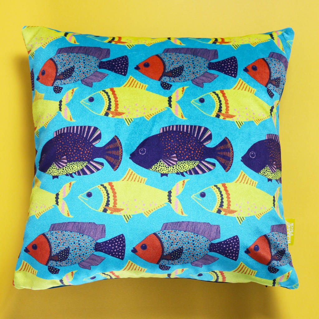 Aqua Fish Velvet Cushion By Bobbin & Fleck