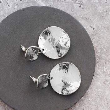 Hammered Double Disc Drop Earrings In Silver Colour, 2 of 3