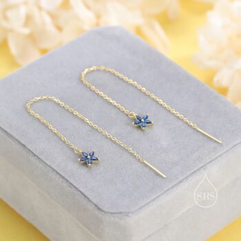 Sapphire Blue Cz Flower Threader Earrings, 4 of 10