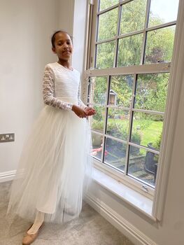 Long Sleeve Lace Flower Girl Dress – Heart Back Tulle Dress For Communion And Christening UK Handmade, 2 of 9