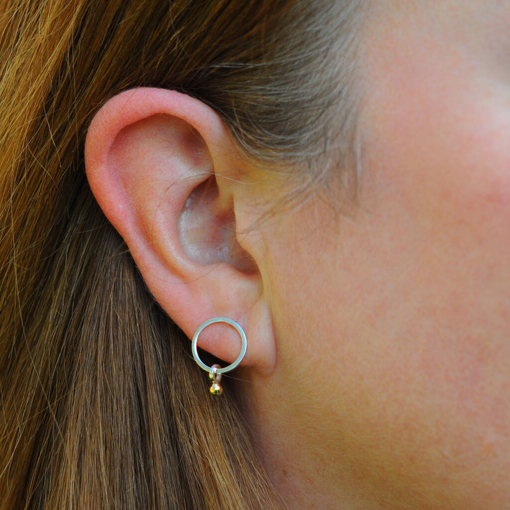 Silver Circle Stud Earrings With Dangling Gold Ball, 1 of 6