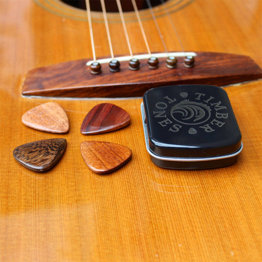 Acoustic Guitar Tin Of Four Exotic Timber Picks By Timber Tones