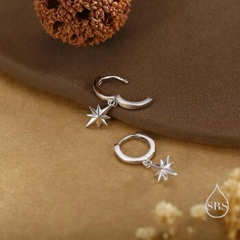 Sterling Silver Dainty Starburst Huggie Hoop Earrings, 2 of 11