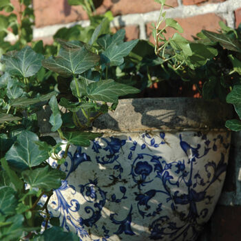 Blue And White Aged Ceramic Half Moon Garden Wall Planter Plant Pot, 2 of 5