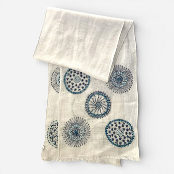 Hand Embroidered 100% Linen Scarf In Light Grey And Blue, 2 of 7