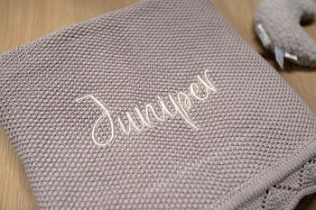 Personalised Knitted Baby Blanket In Dusty Lilac, 4 of 4