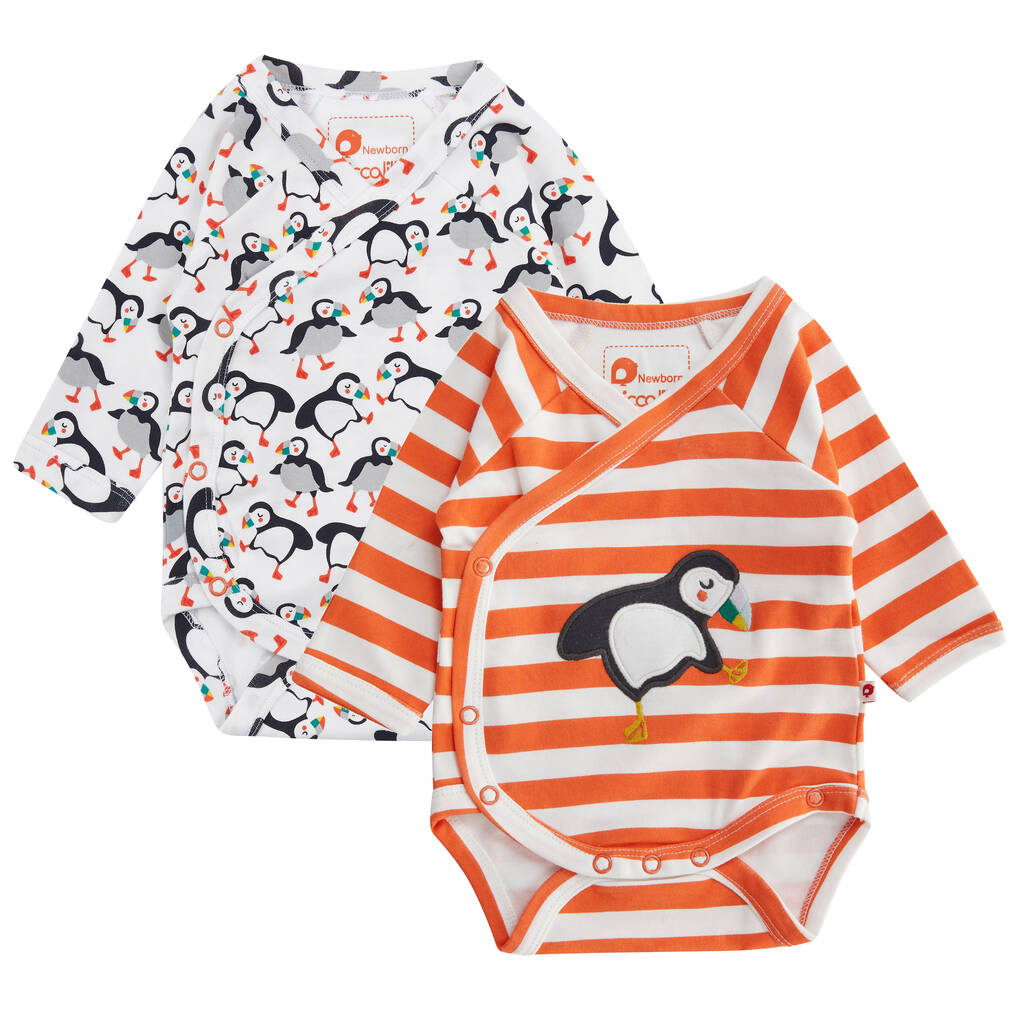 Two Pack Puffin Baby Bodysuits | Certified Organic, 1 of 12