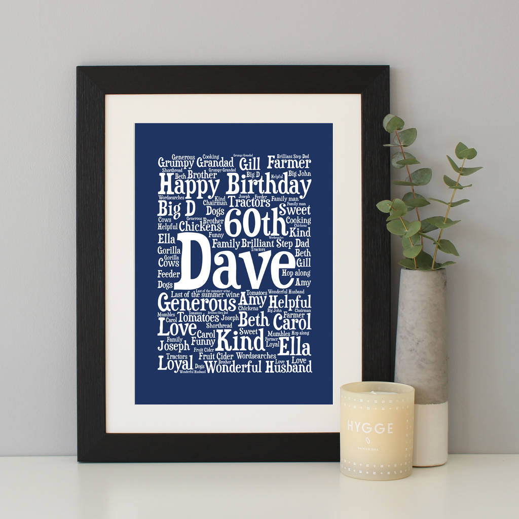 personalised 60th birthday word art gift by hope and love