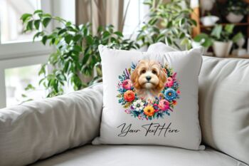 Personalised Cockapoo Summer Floral Dog Wreath Cushion And Mug Gift Bundle, 4 of 4