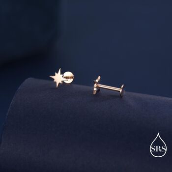 16 G Starburst Internally Threaded Flat Back Earrings In Sterling Silver, 2 of 11