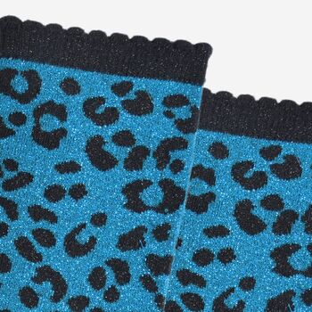 Women's Glitter Socks Teal Black Leopard Print, 3 of 5