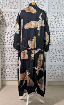 Ladies Luxury Black Bamboo Silk Kimono Robe Crane Bird Noir, 9 of 10