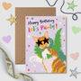 Monty And Rooster Let's Pawty Purple Birthday Card, thumbnail 1 of 2