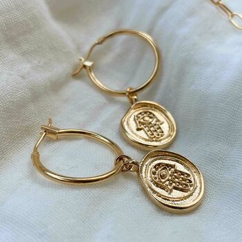 Palma Hamsa Hand Gold Hoop Earrings, 5 of 5