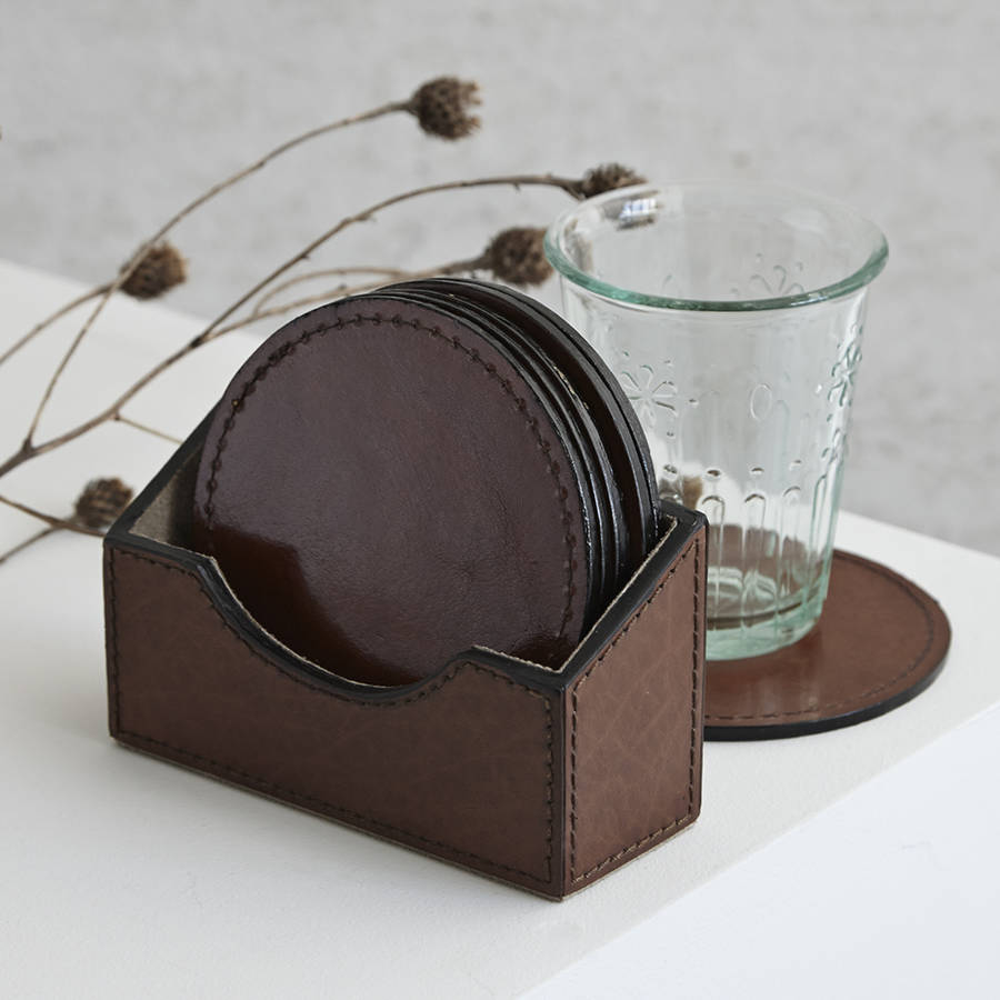 set of round or square leather coasters by life of riley