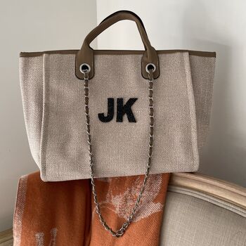 Personalised Beige And Brown Large Chain Tote Beach Bag, 9 of 10