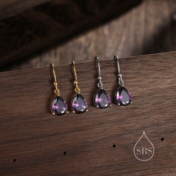 Sterling Silver Dark Amethyst Purple Pear Cut Cz Drop Earrings, 6 of 12