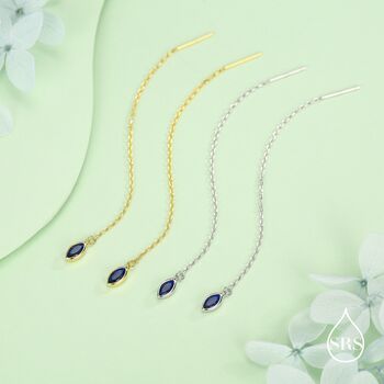 Tiny Sapphire Blue Marquise Cz Threader Earrings In Sterling Silver, 6 of 11