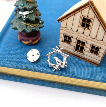 Sterling Silver Robin And Bird Nest Christmas Pin Brooch, 5 of 12