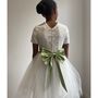 Lace, Pearl Button Back Bow Sash Tutu Flower Girl Dress, thumbnail 2 of 12