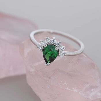 Genuine Pear Cut Emerald Green Cz Crown Ring, 5 of 11
