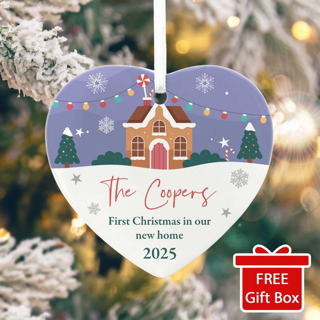First Christmas New Home Ceramic Heart Hanging Decoration Bauble + Gift Box, 1 of 7