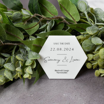 Personalised Acrylic Hexagon Save The Date, 2 of 6