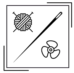 A black logo on a white background. The logo is a square with a ball of yarn on the top left, a sewing needles going from corner to corner and a propeller 
