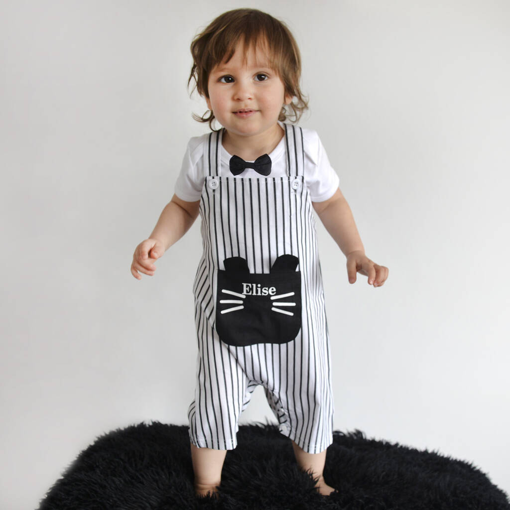 Personalised Stripy Cat Face Unisex Baby Dungarees, 1 of 5