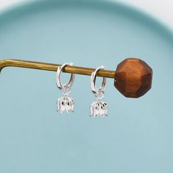 Lily Of The Valley Flower Charm Huggie Hoop Earrings In Sterling Silver, 6 of 12
