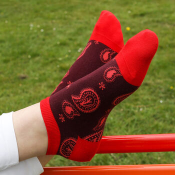 Paisley Burgundy And Organic Sport Red Women Ankle Socks, 7 of 11