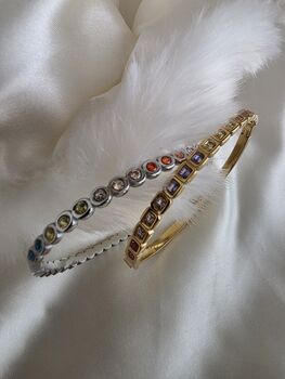 Bezel Set Coloured Gemstone Hinged Bangle In 18k Gold On Stainless Steel, Waterproof Jewellery, 3 of 11