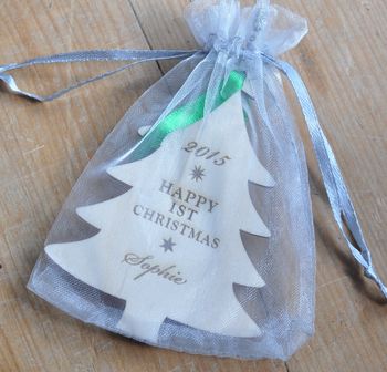 Personalised Wooden Baby's First Christmas Tree Bauble, 3 of 3