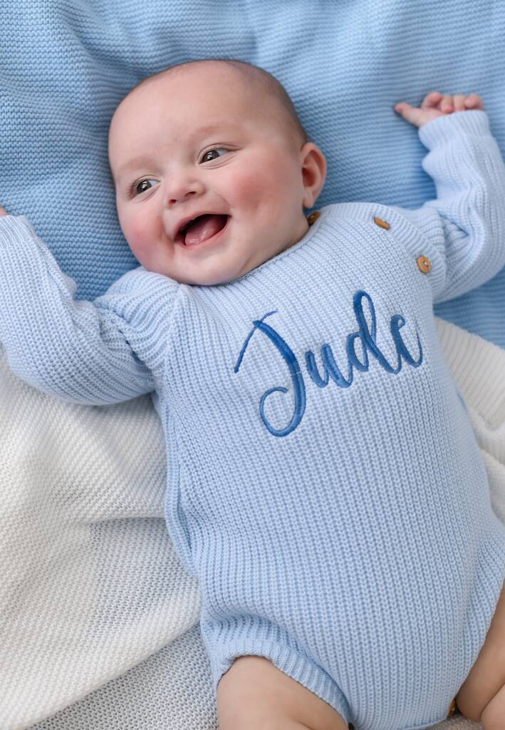 Blue Personalised Embroidered New Baby Name Long Sleeve Knitted Romper, 1 of 12