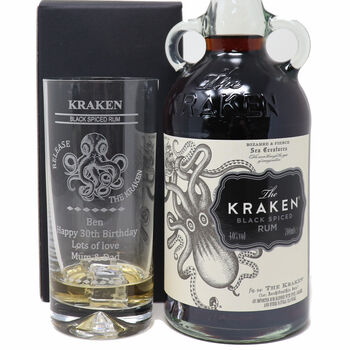 Personalised Kraken Rum Highball Glass And 70cl Kraken, 2 of 2