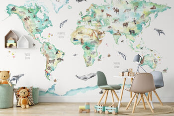 Wildlife World Map Mural Wallpaper For Children, 4 of 12