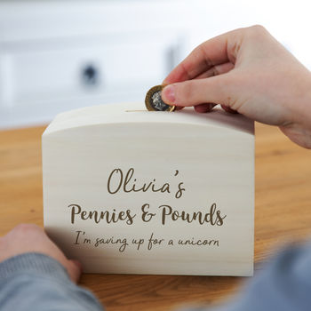 Personalised Childrens Pennies And Pounds Money Box, 2 of 3