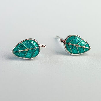 Sterling Silver Green Leaf Stud Earrings, 2 of 6
