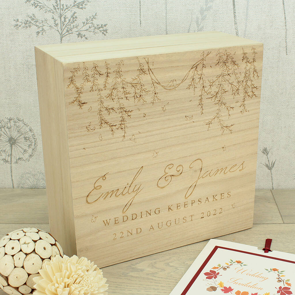 Personalised Engraved Vines Wooden Wedding Memory Box By Love Lumi Ltd