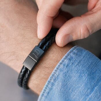 Men's Personalised Leather And Black Clasp Bracelet, 2 of 9