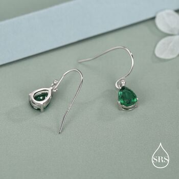 Sterling Silver Emerald Green Pear Cut Cz Drop Earrings, 4 of 11