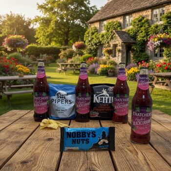 Cider Pub In A Box Gift Hamper Thachers Gold, Henry Westons, Hawkstone Cider Or Thatchers Apple And Blackcurrant With Pub Snacks, 3 of 4