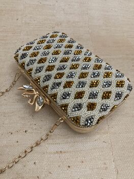 Gold Silver Beaded Pearl Handcrafted Clutch Bag, 4 of 4