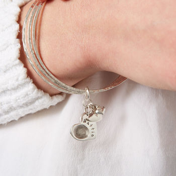 Silver Hammered Bangles With Fingerprint Heart Charm, 4 of 9